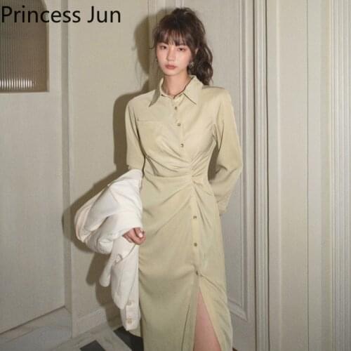Chic Irregular Design Shirt Dress Spring New Fashion Long-sleeved Pleated Wrinkle Dress Single Breast Waisted Split A Line Dress