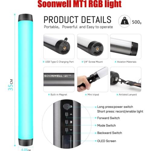 Soonwell MT1 RGB Light Photography Lighting Stick LED Tube Portable Handheld Multiple Scenes Phone APP control