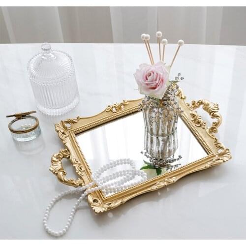 Vintage Gold French Mirror Multi-purpose Carved Binaural Tray Tea Tray Dessertcakeplate Home Decoration Jewelry Tray Storage Box