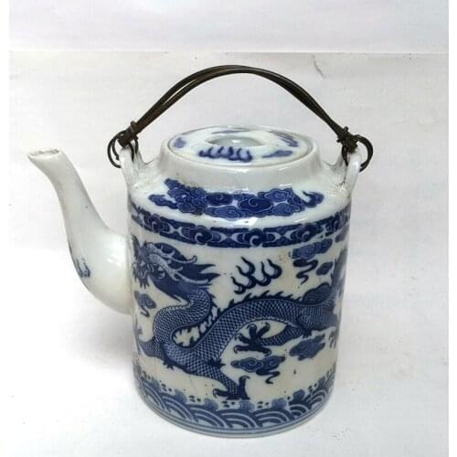 YIZHU CULTUER ART Collected China Old blue-and-white Porcelain Dragon Flagon Teapot H 7.0 inch Family Decoration Gift