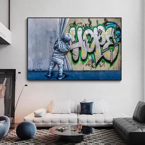 Graffiti Banksy Style Hope Boy Curtain Unveil Street Art Canvas Painting Original Stencil Wall Modern Abstract Canvas Decor