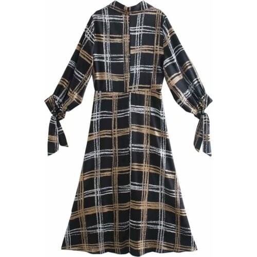 Evfer Women Sprint Fashion Za Plaid High Waist Long Dresses Female Casual Long Sleeve Lace Up Turn-Down Collar Shirt Dress Chic