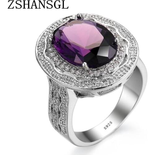 Classic Luxury Female Girl Big AAA Purple Crystal CZ Stone Ring Wedding 925 sterling silver Rings Promise Plata Engagement Ring