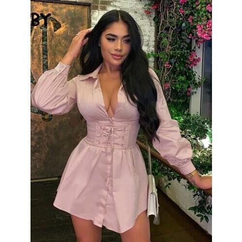 SRUBY Mini Shirt Sexy Dress Women Deep V Neck Sucking Waist Bodycon Dresses Party Long Sleeve Autumn Winter Dress 2020 With belt