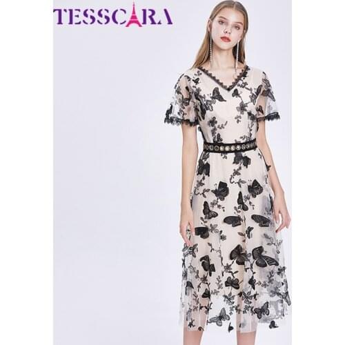 TESSCARA Women Luxury Butterfly Embroidery Mesh Dress Festa High Quality Long Elegant Wedding Party Robe Femme Designer Vestidos