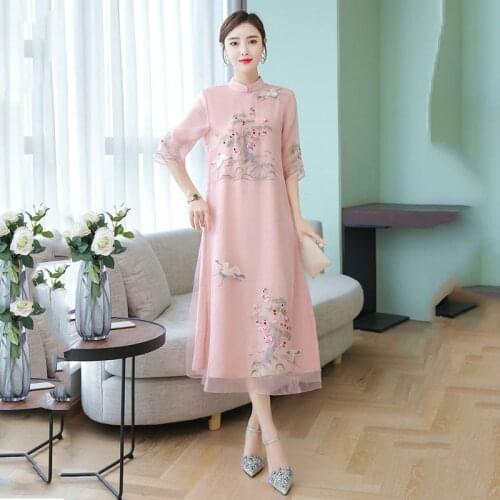 Summer Chiffon Qipao Dress 2020 Robe Vintage Chinese Style Elegant Slim Women Clothing Embroidery Cheongsam Dresses