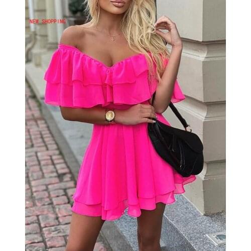 2021 Elegant Sexy Off Shoulder Ruffle Flare Dress Women A Line Solid Casual Dress Summer Dress Mini Elegant Dress Red Black