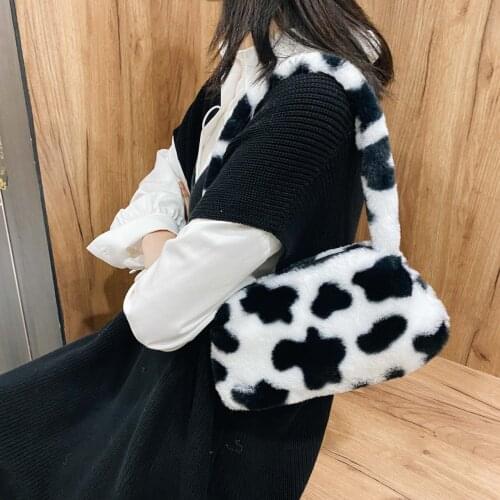 2021 INS Fashion Women Plush Flower Pattern Shoulder Bags Elegant Female Underarm Bags Faux Fur Handbag Furry Fluffy Tote Bags