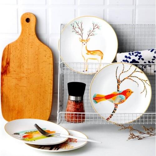 4PCS Cute Plate Set Dinner Plate Home ins Dinner Plate Creative Deer Western Steak Ceramic Plate Nordic Bird Elk Tableware C1229