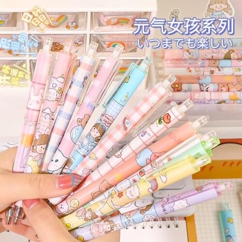 6Pcs New Ball Point Cute Cartoon Vigorous Girl and Vigorous Bear Pattern Large Capacity Gel Pen Creative School Office Supply