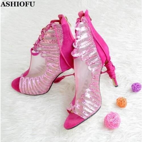 ASHIOFU Handmade New Style Womens High Heel Pumps Air-mesh Leather Party Dress Shoes Peep-toe Evening Fashion Pumps Court Shoes