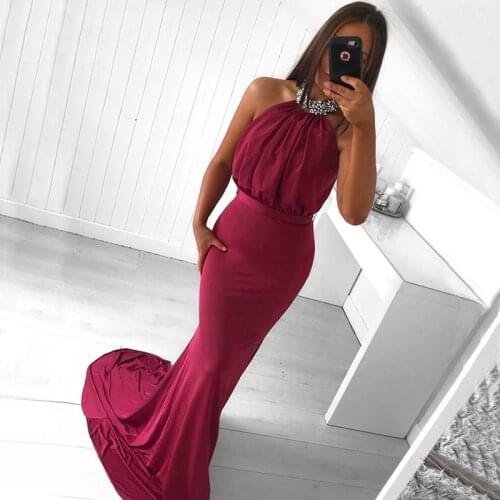 BEPEITHY 2020 Halter Mermaid Long Prom Dresses For Women Sexy Red Vestido Madrinha Evening Dress Party Elegant With Belt