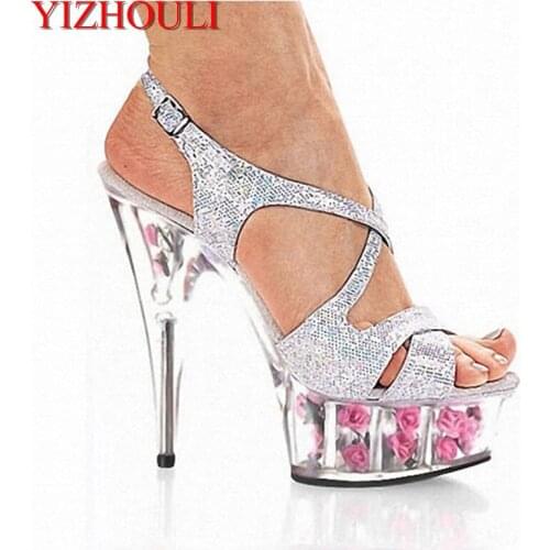 Glitter romantic rose crystal sandals 15cm high-heeled shoes 6 inch flower wedding shoes Gorgeous gladiator sexy ladys shoes