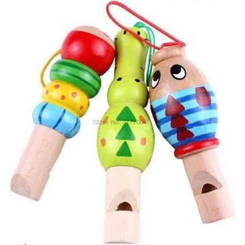DHL 500pcs Wooden Cartoon Whistle Educational Music Instrument Toy for Baby Early Instruction Toys Woodiness Kid Key Buckle