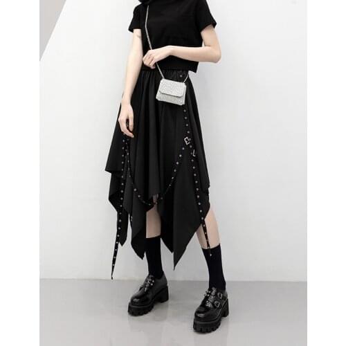 Long Skirt Irregular Skirt Girls New Dark Tie Street Punk Wind Weave Buckle Medium-length Skirt Y2k Skirt Gothic Skirt