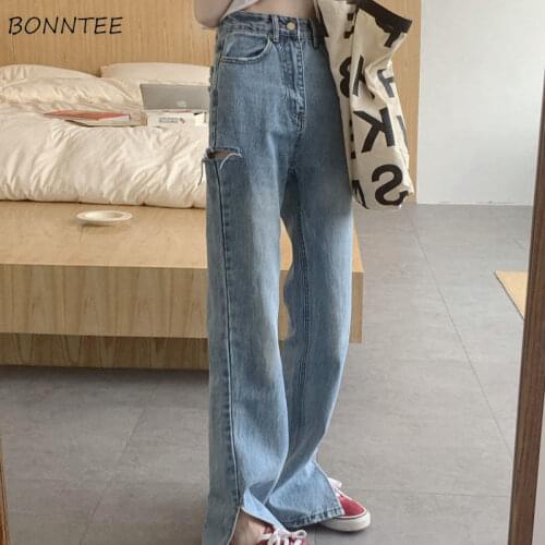 Jeans Women Ripped Wide Leg Trousers High Waist Retro Mopping Chic Simple All-match College Newest Hot Selling Popular Teens Ins