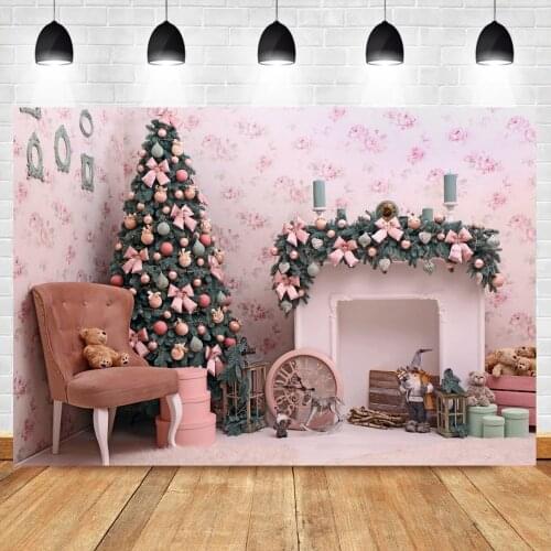 Merry Christmas Photography Background Pine Tree Fireplace Pink Chair Girl Shoot Photozone Photo Backdrop Photocall Photo Studio