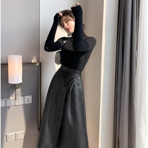 2 Piece Set Spring Elegant Women Suit Black Long Sleeve Turtleneck Knitting Top and Vintage A Line PU Skirt sets Party Vestidos