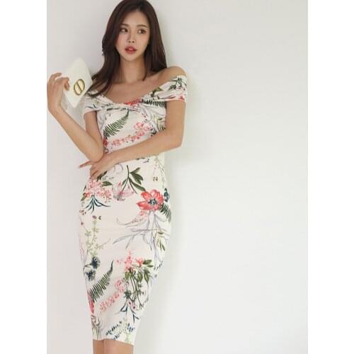 Fashion Summer Korean Casual Streetwear Midi Dress Ladies OL Elegant Vintage Off-Shoulder Floral Bodycon Party Dress Vacation
