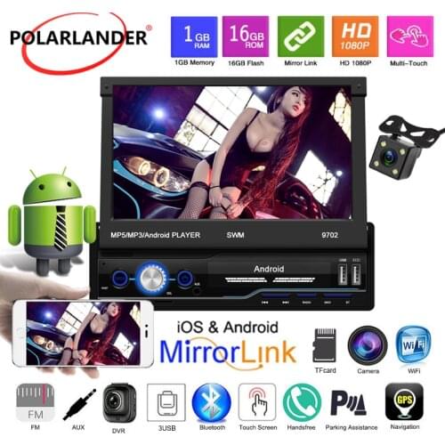 MP5 Car Radio AUX 2-USB WiFi 9702 Android 1din iOS 7 Inch Telescopic GPS Mirror Link 8.1 System Support AUX APP Bluetooth DVR