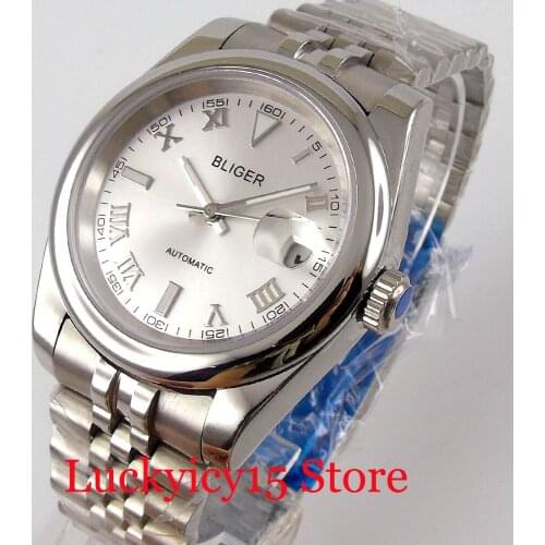 Business BLIGER 36mmm Polished Bezel Men Watch Roman Numbers Date Magnifier Jubilee Bracelet 21 Jewels MIYOTA 8215