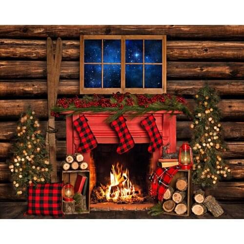 Sock Fireplace Leaves Light Rustic Window Night Campfire Wood background High quality Computer print christmas backdrops