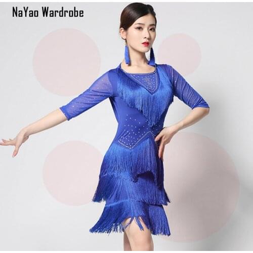 2020 New L72 Half Sleeve Tassel Shining Design Latin Dance Dress Women Performance Costume Waltz Tango Latino Dancewear