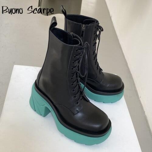 2021 New Leather Chunky Heel Women Ankle Boots Flat Platform High Heel Short Boots Lace Up Zip Mixed Colors Mujer Retro Botas