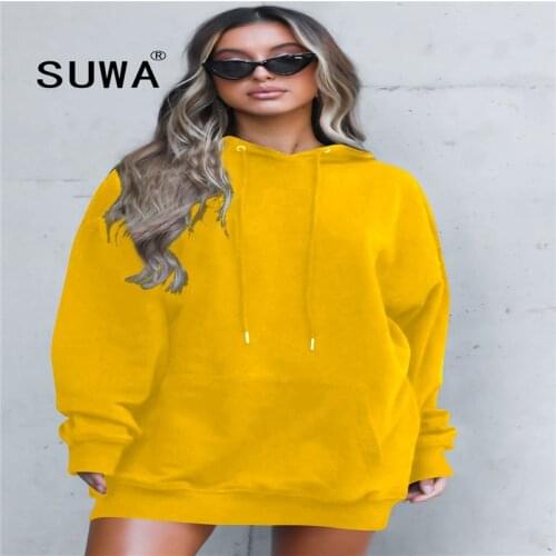 New Product Autumn Winter BF Style Women Tunic Hoodies Solid Color Long Sleeve Loose Mini Dresses Fashion Sexy Club Outfits