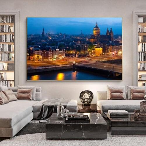 Skyline of Amsterdam Night View Cityscape Poster Netherlands Landscape Canvas Painting Prints Wall Art Pictures for Home Decor