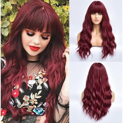 Long Wine Red Wave Daily Hair Synthetic Wigs With Bangs For White Women Natural Heat Resistant Cosplay Party Fiber Female Wig