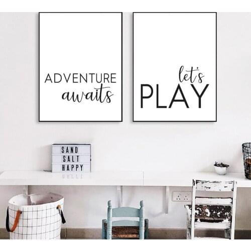 Adventure Awaits Gaming Quotes Prints Playroom Wall Decor Lets Play Black White Poster Canvas Painting Kids Playroom Decoration