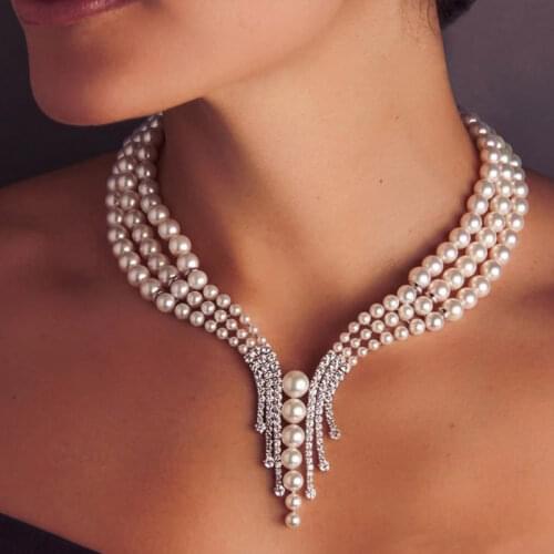 Luxury New Fashion Cubic Zircon Micro Pave Setting 3 Layer Pearl Chains Necklaces for Women Wedding Party Accessories Jewellery