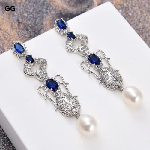 GuaiGuai Jewelry Teardrop White Sea Shell Pearl Blue Cz Pave Insect Stud Earrings For Women