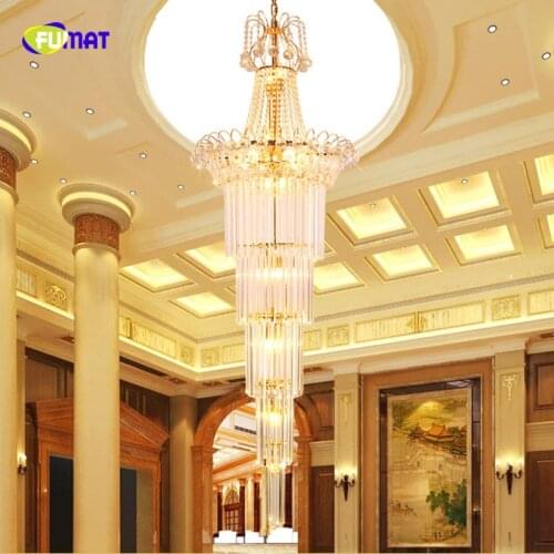 FUMAT Gold Round Long Stairs Crystal K9 Stainess Steel LED Pendant Lighting Generous Luxury Lustres Lamp For Dining Room Light