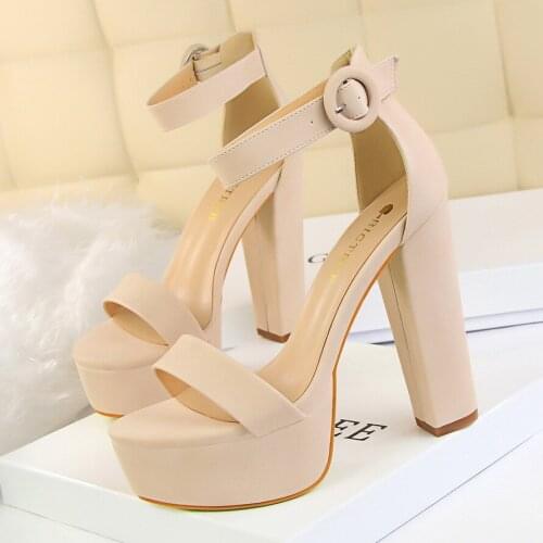Women 13.5 cm Thick High Heel Peep-toe Pumps Shoes Summer Solid Sexy Club Platform 4.5 cm PU Buckle Cover Party Sandals Shoes
