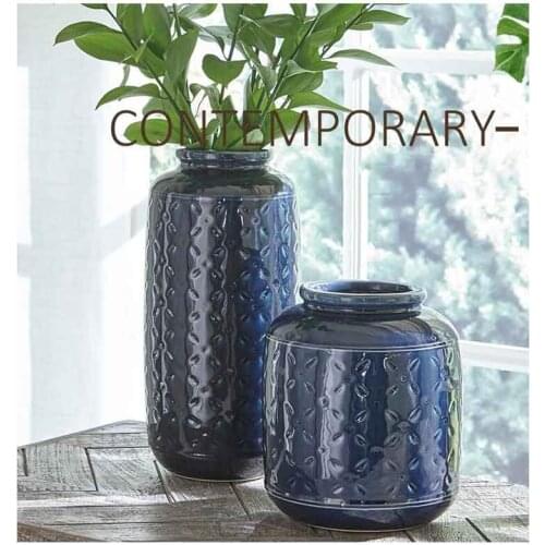 Blue flower vase relief home decor centerpiece ceramic vase table top sample room hotel vase for dried flowers pack of 2