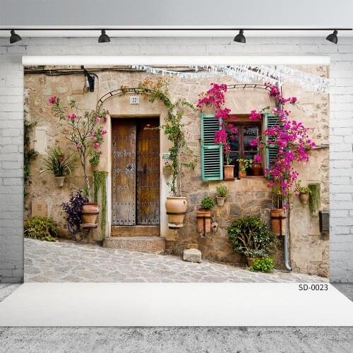 Vintage House Door Flower Window Brick Wall Photography Background Wedding Child Portrait Photographic Backdrop For Photo Studio