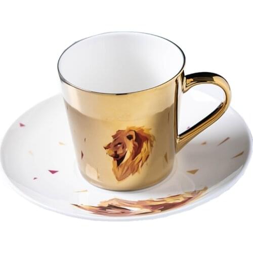Mirror Coffee Mugs Specular Reflection Lion Ceramic Tea Cups And Saucers Send Spoon European Style Coffeeware