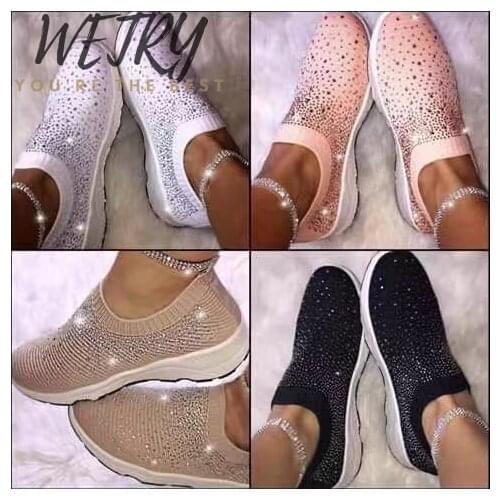 2020 Women Shoes Knitting Sock Sneakers Women Spring Summer Slip on Flat Shoes Women plus Size Loafers Flats Diamond Flats Shoes