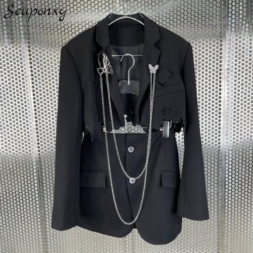High Quality WomenS Black Butterfly Chain Casual 2 Two-Piece Set 2021 New Sexy Lapel Long Sleeve Short Blazer+ Skirt Slim Set