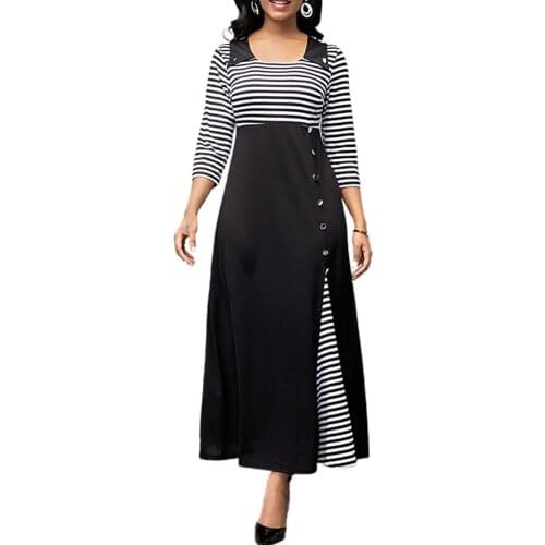 Plus size Dress Women Autumn summer Elegant Stripes Patchwork Large Hem Button Irregular Party Maxi Dress