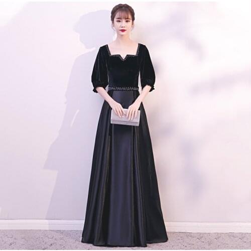Evening Dress Black Square Collar Fashion Simple Zipper Back A-Line New Half Sleeves Floor-Length Woman Formal Party Gowns A1314
