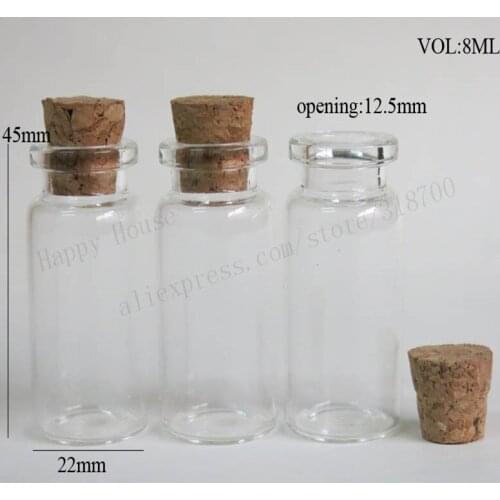 100pcs/lot 8ml small clear glass bottle with wooden cork,8cc empty glass vials,sample jars,22*45*12.5