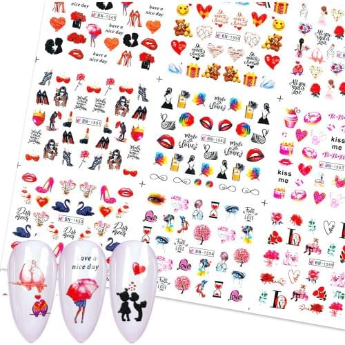 12 Designs Valentine Nail Stickers Heart Love Rose Red Lips Water Transfer Decals Sliders Decorations for Nail Art Manicure 2020