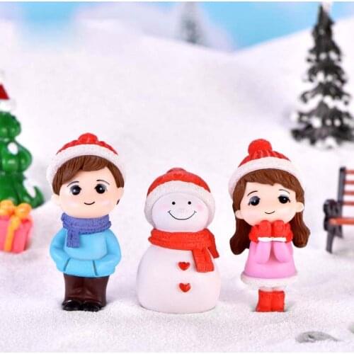 2pc Girl Boy Lovers Snowman Figure Gift Christmas Ornament Figurine Garden Fairy Decor Glass DIY Home Decoration Miniature Craft