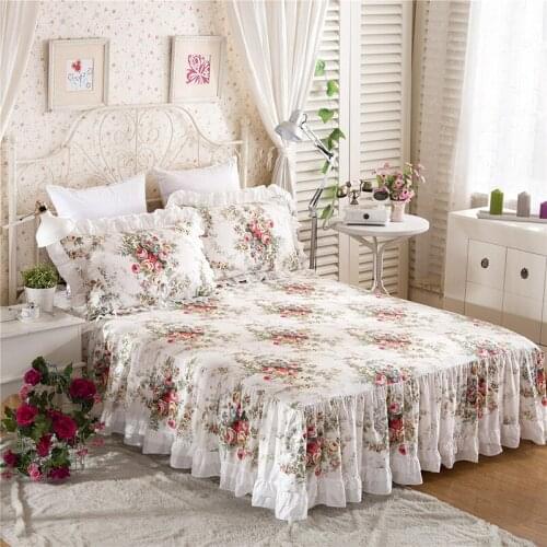 2020 new products Cotton printing Bed spread Fitted Sheet Pillowcases 2/3 pcs Luxury Pleated Princess lace bedding