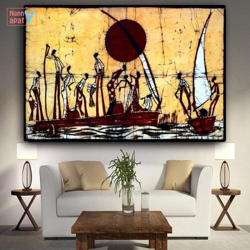 African Figure Painting Abstract Sailboat Landscape Oil Painting On Canvas Posters and Prints Wall Art Picture for Living Room