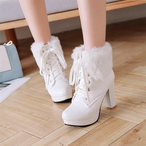 White Fur Platform boots Womens Warm Wool Boots Shoe For Ladies Sexy Sweet Round Toe Lace Up High Block Heel Snow Boots