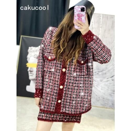 Cakucool New Lurex Red Wine Knit Set Women Plaids Cardigan and Mini Skirt Set Cute Chic Shiny 2pcs Skirt Suit Conjunto Feminino